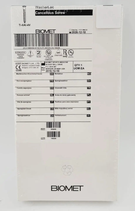 Biomet 908826 Ti-6AI-4V WasherLoc Cancellous Screw 6mm x 26mm Biomet