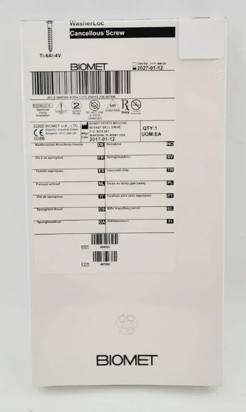 Biomet 908830 Ti-6AI-4V WasherLoc Cancellous Screw 6mm x 30mm Biomet