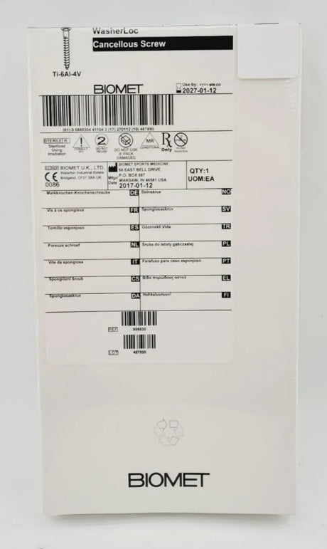 Biomet 908830 Ti-6AI-4V WasherLoc Cancellous Screw 6mm x 30mm Biomet
