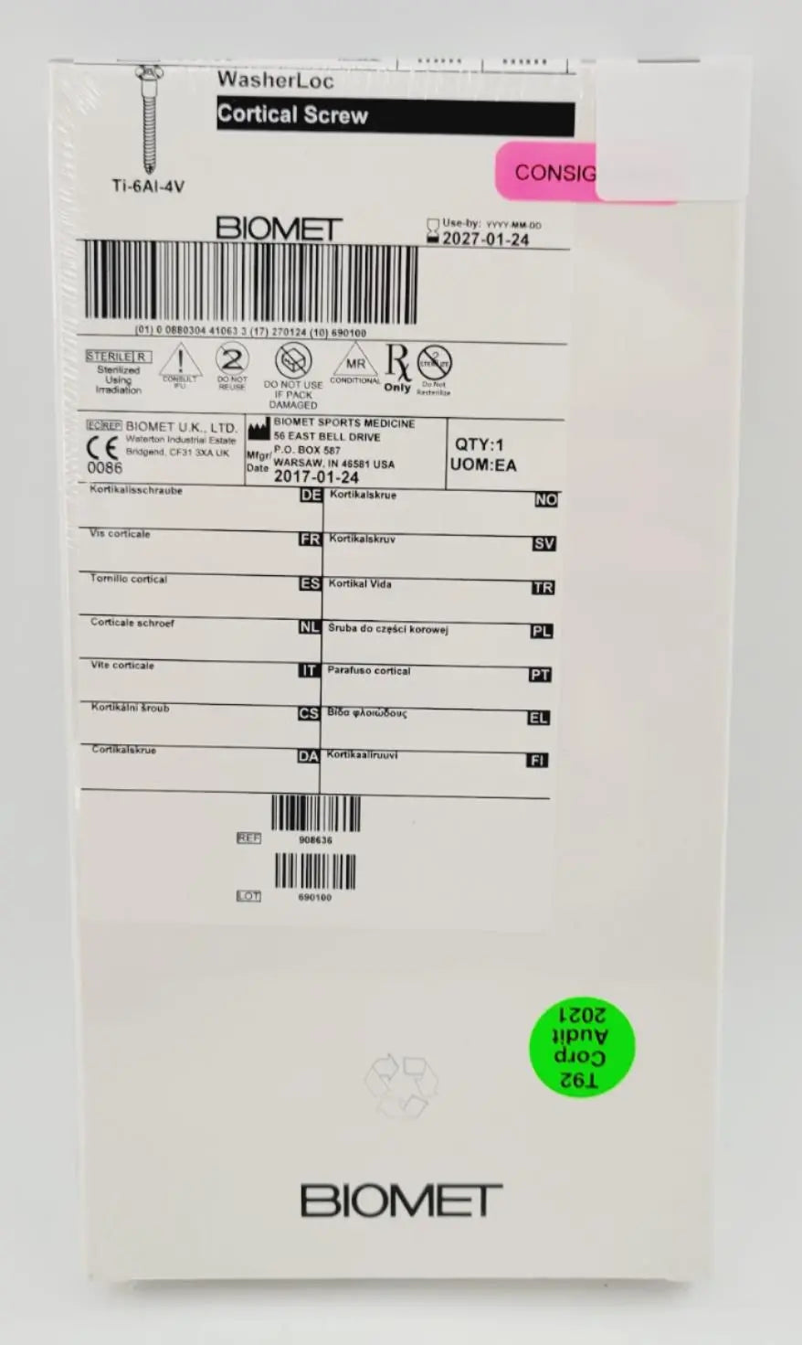 Biomet 908636 Ti-6AI-4V WasherLoc Cortical Screw 4.5mm x 36mm Biomet