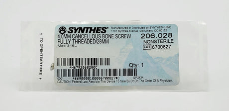 Synthes 206.028 4.0MM CANCELLOUS BONE SCREW FULLY THREADED/28MM Synthes