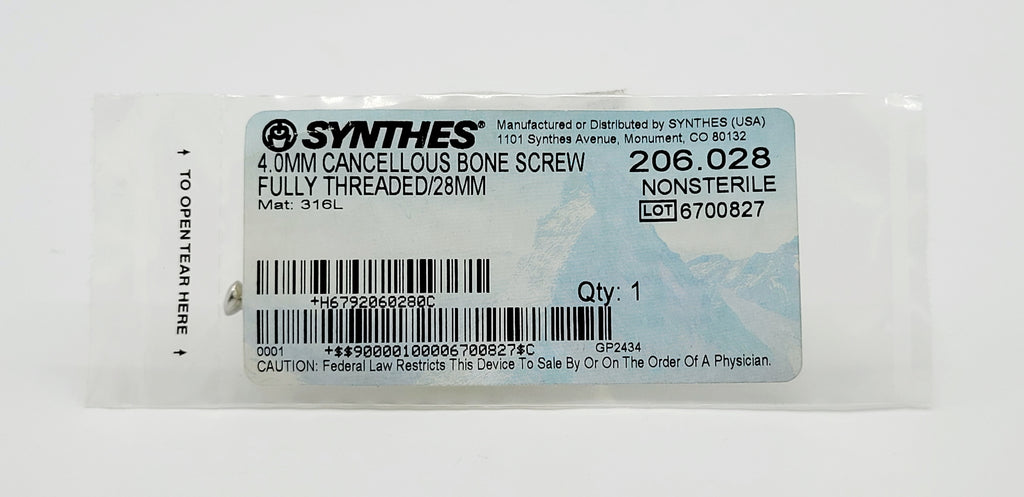 Synthes 206.028 4.0MM CANCELLOUS BONE SCREW FULLY THREADED/28MM