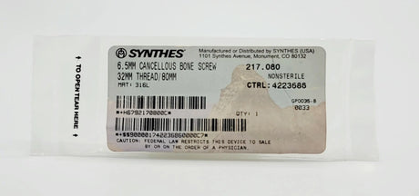 Synthes 217.080 6.5MM CANCELLOUS BONE SCREW 32MM THREAD/80MM Synthes
