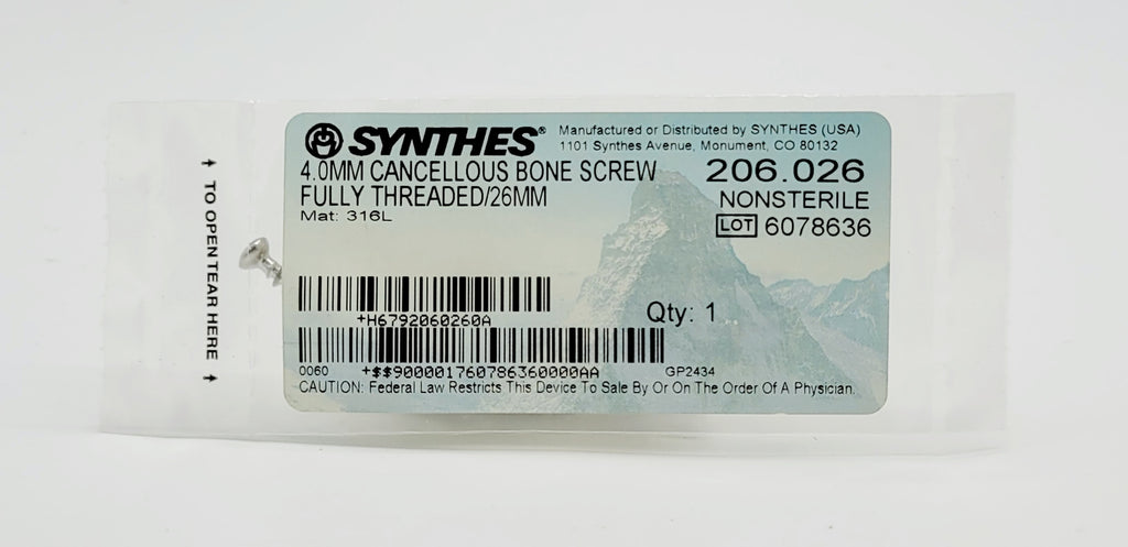 Synthes 206.026 4.0MM CANCELLOUS BONE SCREW FULLY THREADED/26MM