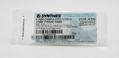 Synthes 208.439 6.5MM CANNULATED SCREW 32MM THREAD 85MM Synthes