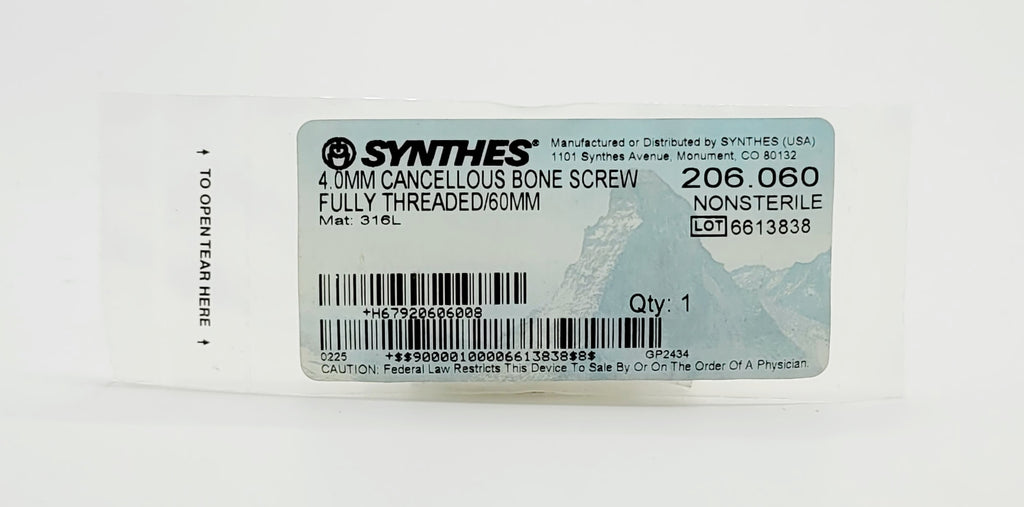 Synthes 206.060 4.0MM CANCELLOUS BONE SCREW FULLY THREADED/60MM