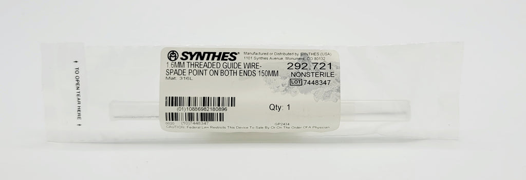 Synthes 292.721 1.6MM THREADED GUIDE WIRE- SPADE POINT ON BOTH ENDS 150MM