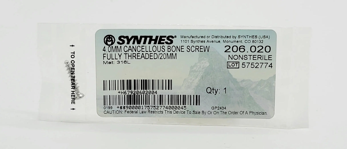 Synthes 206.020 4.0MM CANCELLOUS BONE SCREW FULLY THREADED/20MM Synthes