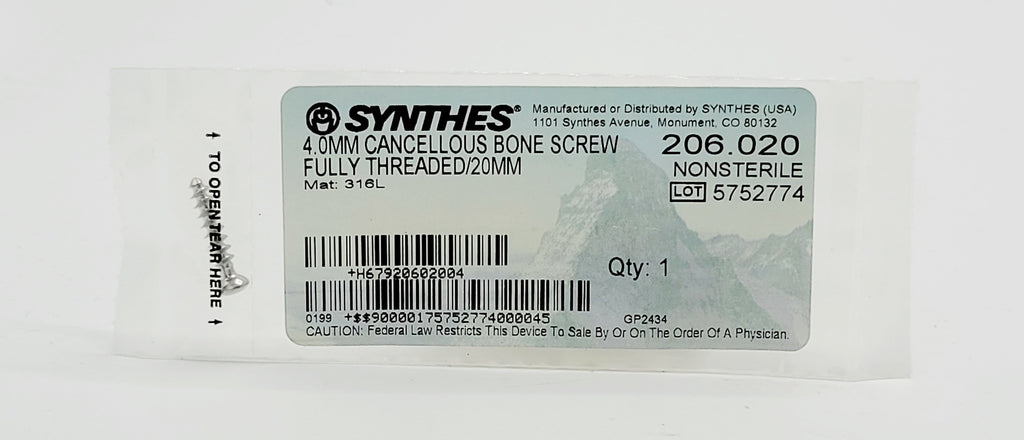 Synthes 206.020 4.0MM CANCELLOUS BONE SCREW FULLY THREADED/20MM