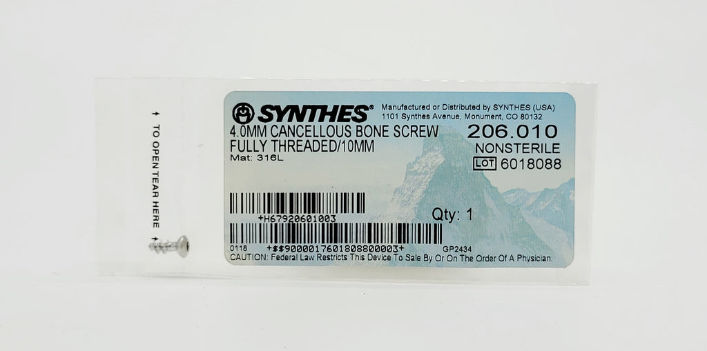 Synthes 206.010 4.0MM CANCELLOUS BONE SCREW FULLY THREADED/10MM