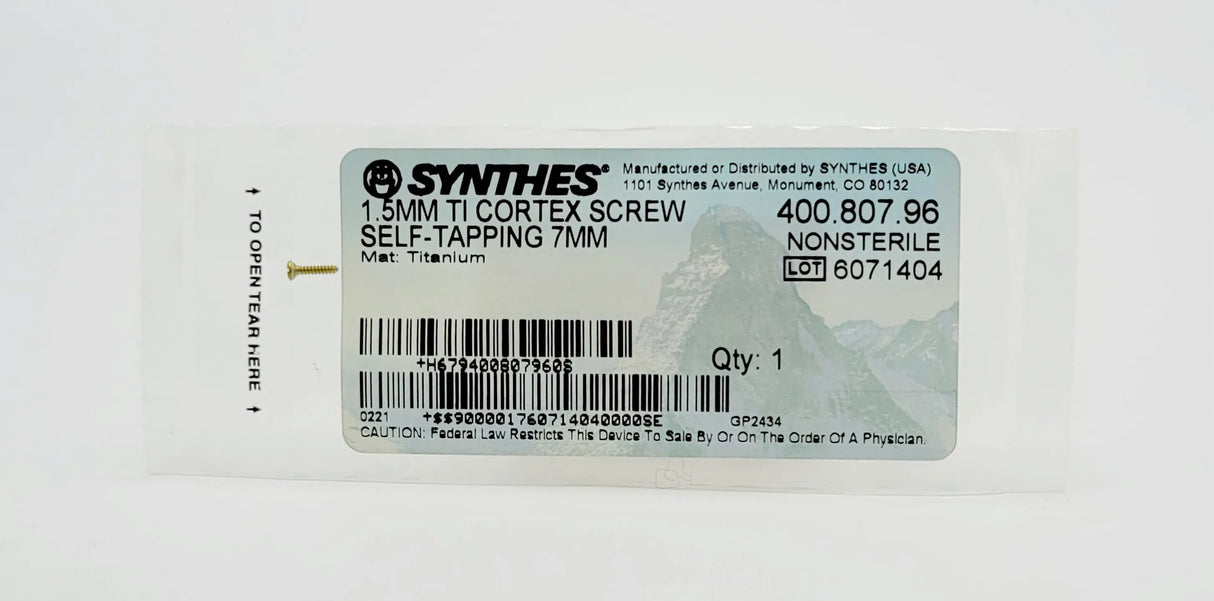 Synthes 400.807.96 1.5MM TI CORTEX SCREW SELF-TAPPING 7MM Synthes