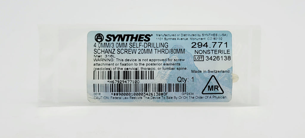 Synthes 294.771 4.0MM/3.0MM SELF-DRILLING SCHANZ SCREW 20MM THRD/80MM