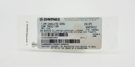 Synthes 209.875 7.3MM CANNULATED SCREW 32MM THREAD/75MM Synthes