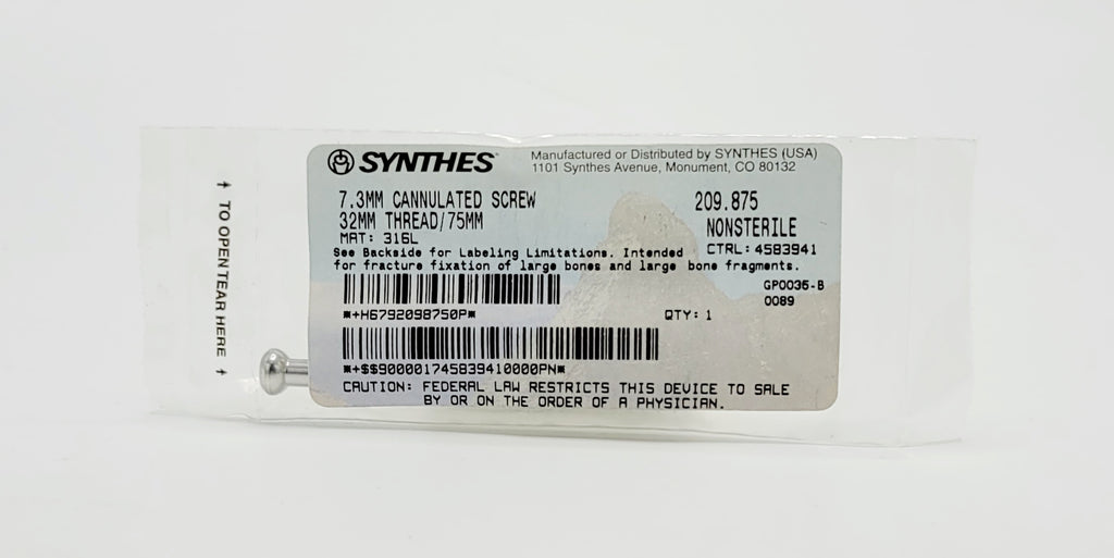 Synthes 209.875 7.3MM CANNULATED SCREW 32MM THREAD/75MM