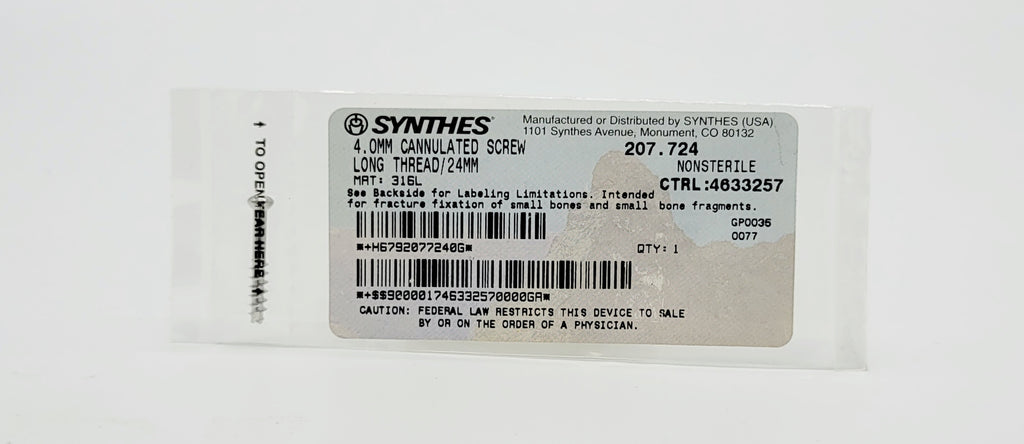 Synthes 207.724 4.0MM CANNULATED SCREW LONG THREAD/24MM