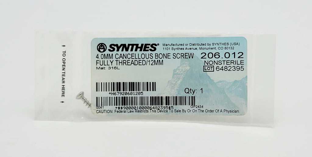 Synthes 206.012 4.0MM CANCELLOUS BONE SCREW FULLY THREADED/12MM