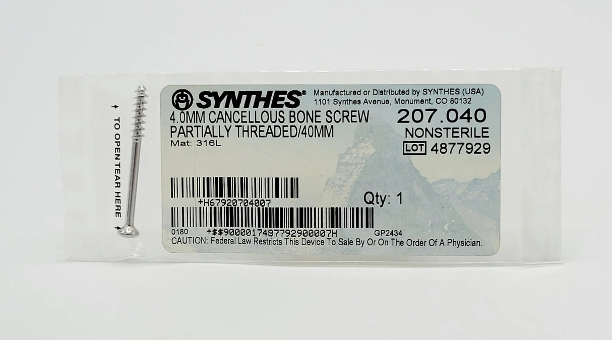 Synthes 207.040 4.0MM CANCELLOUS BONE SCREW PARTIALLY THREADED/40MM Synthes