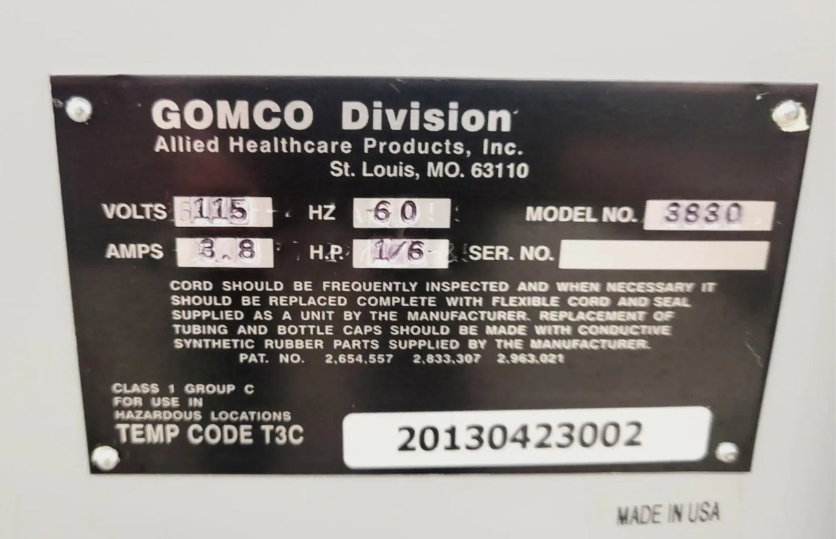 Allied Medical 3830 Gomco Uterine Aspirator Suction Vacuum Pump "DEMO UNIT" Allied Medical
