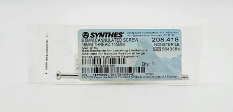 Synthes 208.418 6.5mm Cannulated Screw 16mm Thread 115mm Synthes