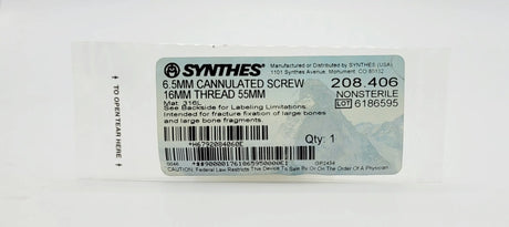 Synthes 208.406 6.5mm Cannulated Screw 16mm Thread 55mm Synthes