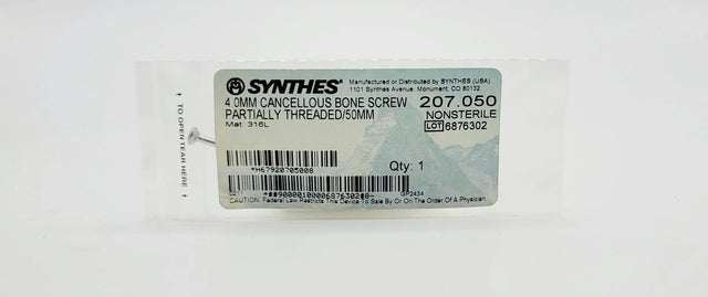 Synthes 207.050 4.0mm Cancellous Bone Screw Partially Threaded/50mm Synthes