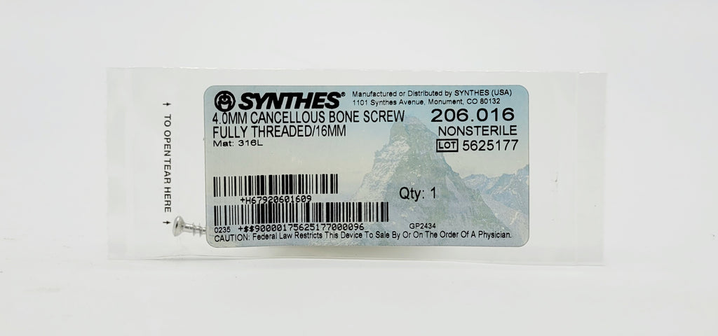 Synthes 206.016 4.0mm Cancellous Bone Screw Fully Threaded/16mm