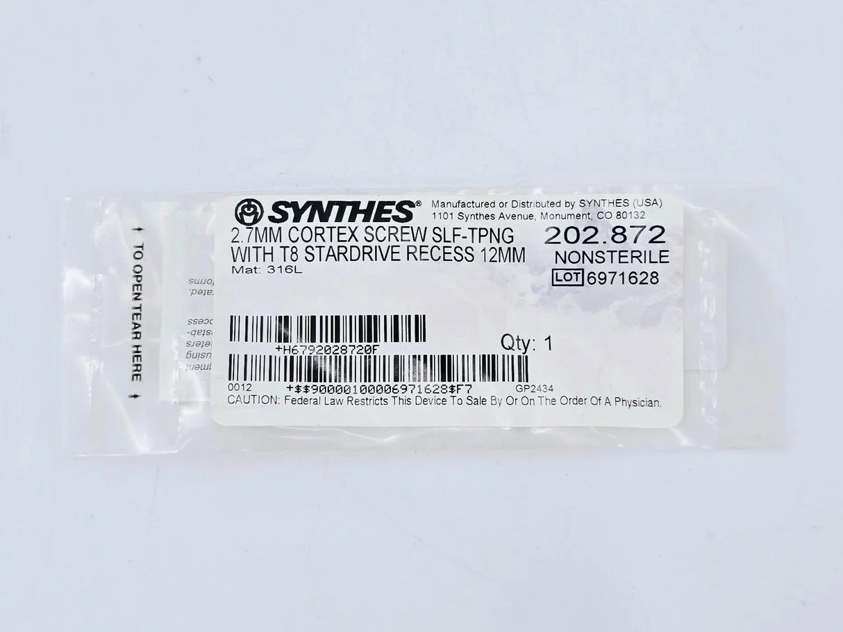 Synthes 202.872 2.7mm Cortex Screw Self-Tapping w/ T8 Stardrive Recess 12mm Synthes