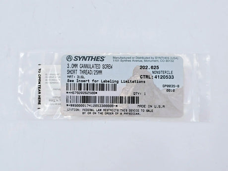 Synthes 202.625 3.0mm Cannulated Screw Short Thread 25mm Synthes
