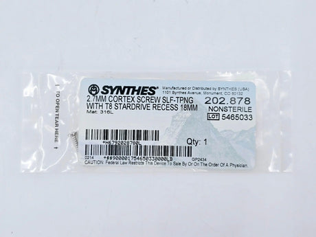 Synthes 202.878 2.7mm Cortex Screw Self-Tapping w/ T8 Stardrive Recess 18mm Synthes