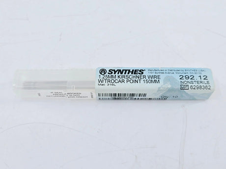 Synthes 292.12 1.25mm Kirschner Wire w/ Troacr Point 150mm 10/PK Synthes