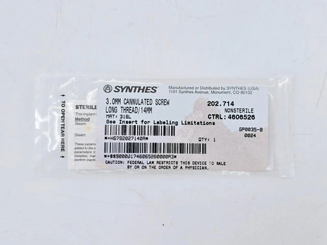 Synthes 202.714 3.0mm Cannulated Screw Long Thread 14mm Synthes