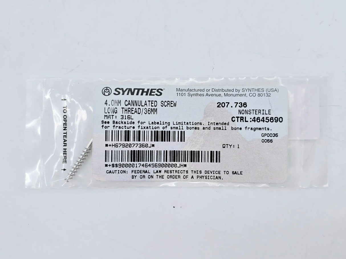 Synthes 207.736 4.0mm Cannulated Screw Long Thread 36mm Synthes