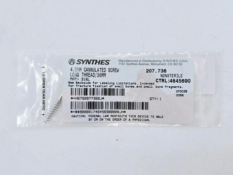 Synthes 207.736 4.0mm Cannulated Screw Long Thread 36mm Synthes