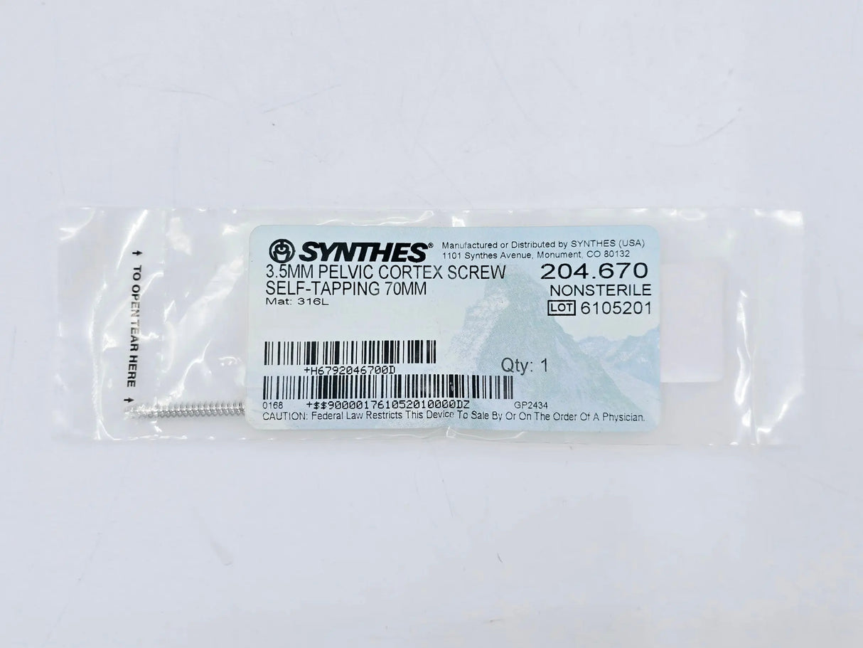Synthes 204.670 3.5mm Pelvic Cortex Screw Self-Tapping 70mm Synthes