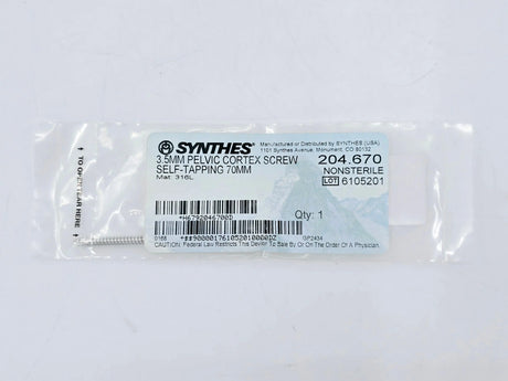 Synthes 204.670 3.5mm Pelvic Cortex Screw Self-Tapping 70mm Synthes