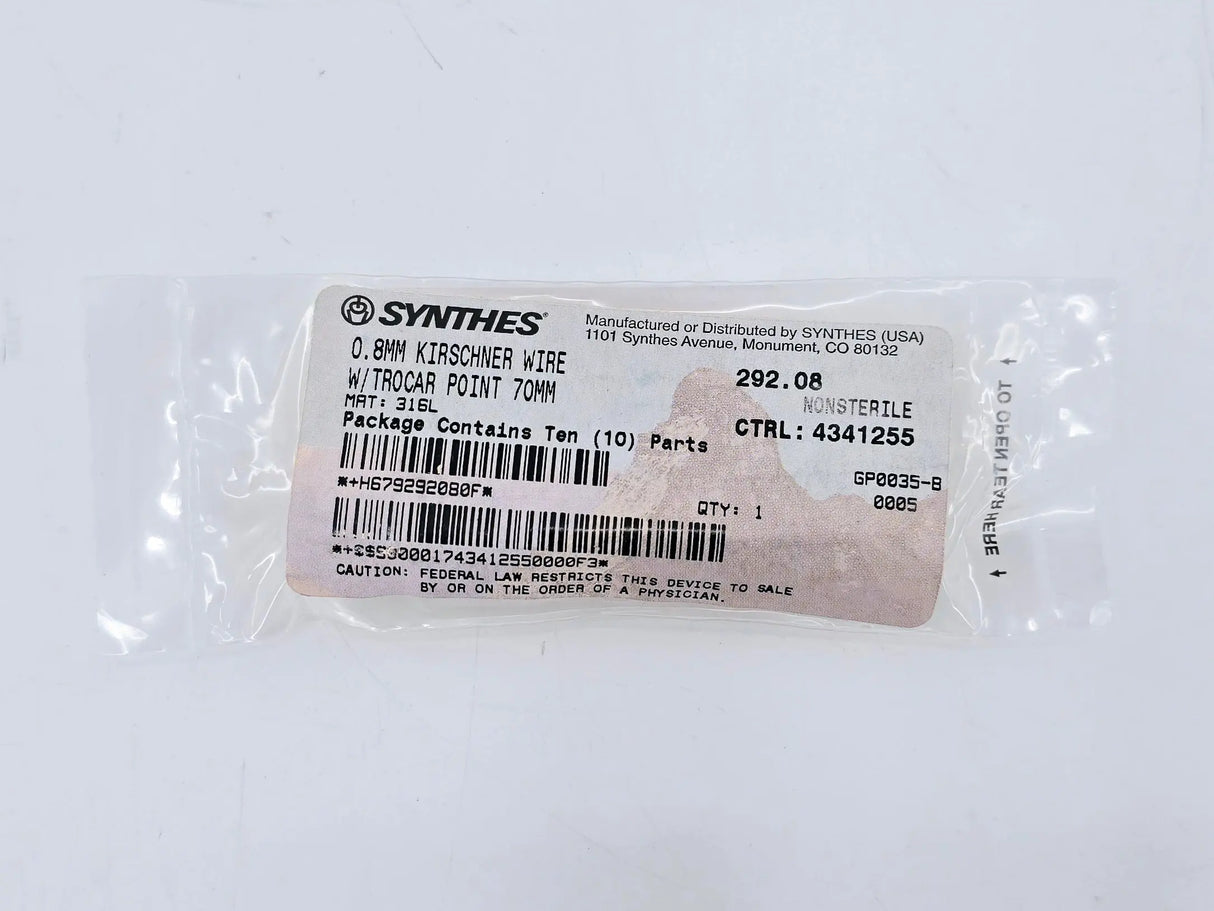 Synthes 292.08 0.8mm Kirschner Wire w/ Trocar Point 70mm 10/PK Synthes