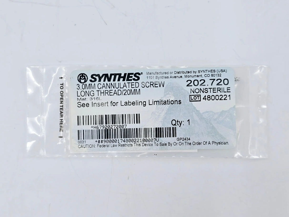 Synthes 202.720 3.0mm Cannulated Screw Long Thread 20mm Synthes