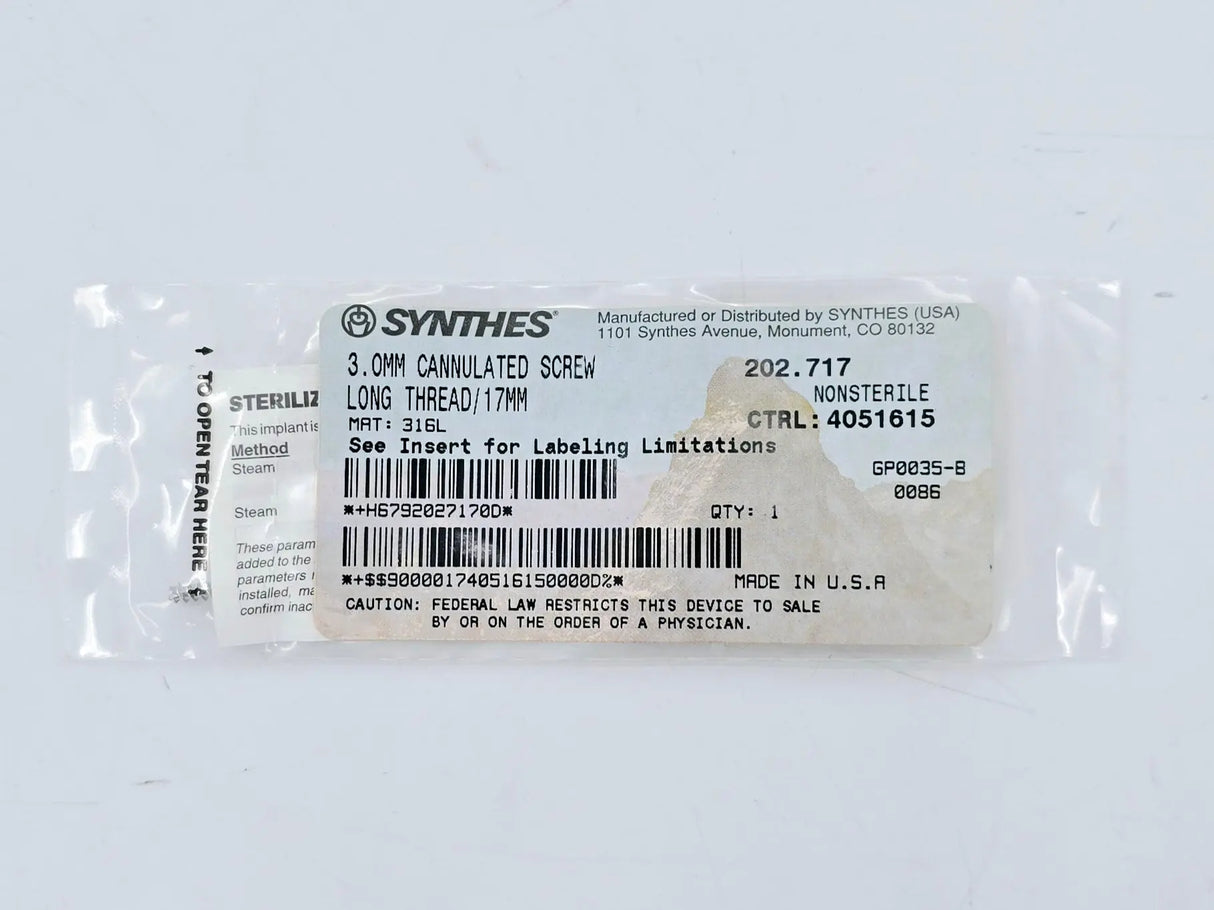 Synthes 202.717 3.0mm Cannulated Screw Long Thread/17mm Synthes