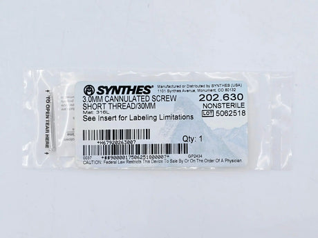 Synthes 202.630 3.0mm Cannulated Screw Short Thread/30mm Synthes