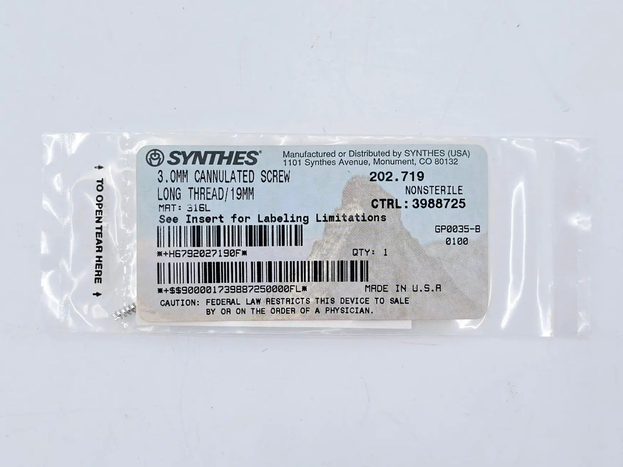 Synthes 202.719 3.0mm Cannulated Screw Long Thread/19mm Synthes