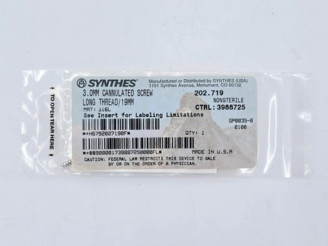 Synthes 202.719 3.0mm Cannulated Screw Long Thread/19mm Synthes