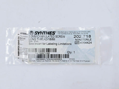 Synthes 202.718 3.0mm Cannulated Screw Long Thread/18mm Synthes
