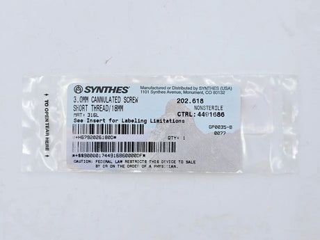 Synthes 202.618 3.0mm Cannulated Screw Short Thread/18mm Synthes