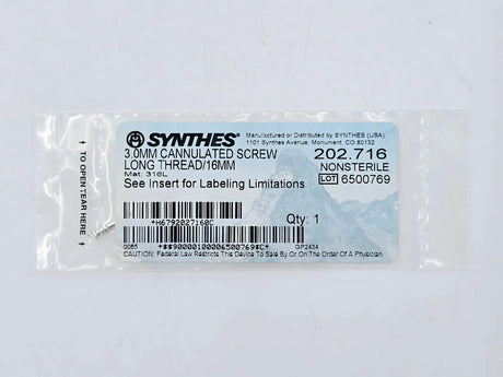 Synthes 202.716 3.0mm Cannulated Screw Long Thread/16mm Synthes