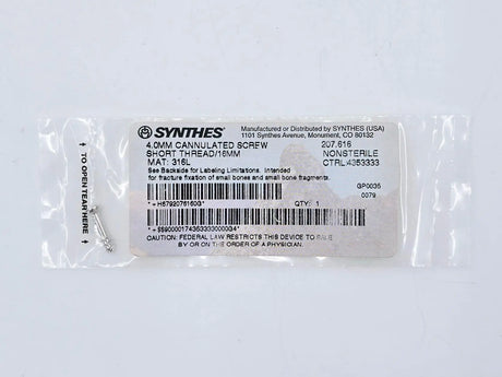 Synthes 207.616 4.0mm Cannulated Screw Short Thread/16mm Synthes