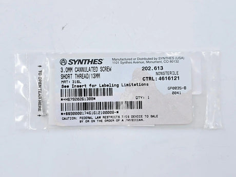 Synthes 202.613 3.0mm Cannulated Screw Short Thread/13mm Synthes