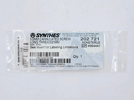 Synthes 202.721 3.0mm Cannulated Screw Long Thread/21mm Synthes