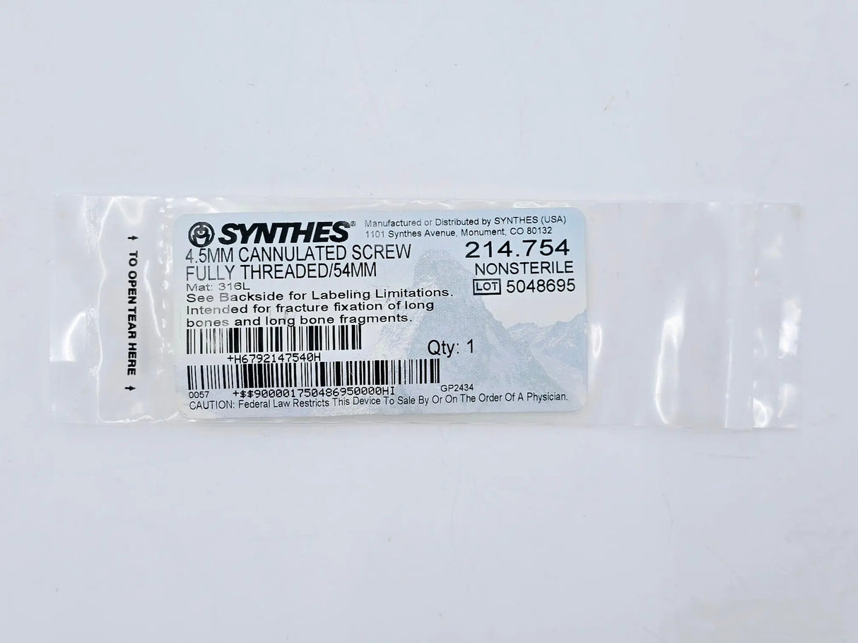 Synthes 214.754 4.5mm Cannulated Screw Fully Threaded/54mm Synthes