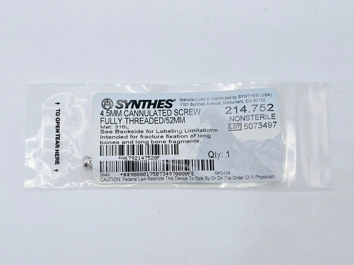 Synthes 214.752 4.5mm Cannulated Screw Fully Threaded/52mm Synthes