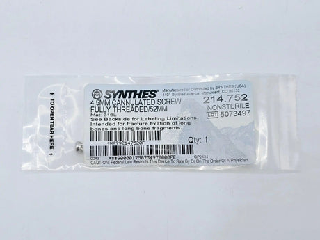 Synthes 214.752 4.5mm Cannulated Screw Fully Threaded/52mm Synthes